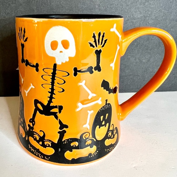 Halloween Ceramic Happy Boo Black White Skeleton Orange Mug Pumpkins Bones - Picture 6 of 6